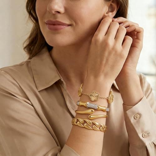 Womens Stackable Floral Gold Bracelets - 4Pcs 18K Gold Plated Bracelet,Stainless Steel Bangle Bracelets Non Tarnish,Gold Bracelet Set Fashion Jewelry,Valentines Birthday Christmas Jewelry Gifts view 4