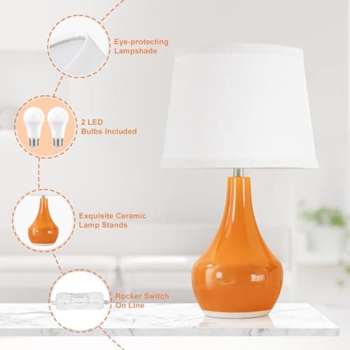 Seealle Modern Ceramic Table Lamps for Night Stands - Bedside Lamps Set of 2 for Nightstand,Orange Bedroom Lamp for Living Room Cute Desk End Table Office Guest Room Dresser Rocker Swtich view 4