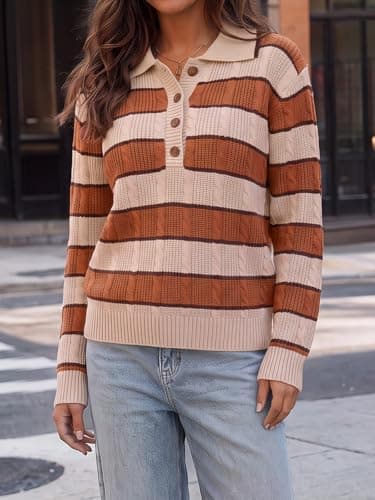 Fisoew Womens Cable Knit Sweaters Casual Polo V Neck Striped Pullover Tops view 2