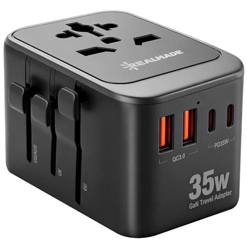 Realmade 35W Universal Travel Adapter with PD Fast Charging, 5-Port (1 AC/2 USB-A/2 USB-C) European Travel Plug Adapter, Type C/G/I/A, Black Gray