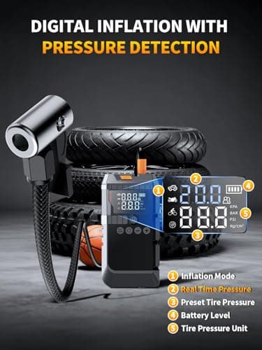 Jump Starter with Air Compressor, Battery Jumper Starter Portable,12V Jump Box with 160PSI Tire Inflator for Car Battery, LED Display for All Gas & 12L Diesel Engines, LED Light, Jumper Cables view 3