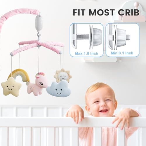 Feisike Crib Mobile for Girls - Baby Mobile for Crib with 35 Lullabies, 3 Modes Digital Musical Box（Turn Only, Music Only, Turn & Music, Pink, Nursery Toys, Nursery Decor, Knob Type view 4