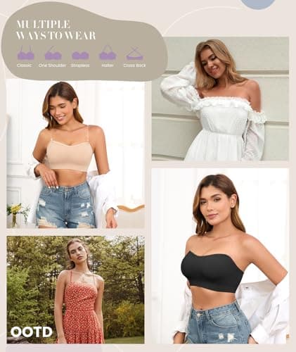 Finduself Strapless Bras for Women Non-Slip Padded Bandeau Bra Wireless Tube Top Bra Including Clear Straps view 6