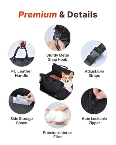 PET MARVEL Dog Car Seat for Small Dogs Up to 25 lbs, Pet Booster Seat & Travel Carrier with Safety Leash and Thick Cushion, Fully Detachable Washable Pet Bag with Storage Pocket, Portable, Black view 3