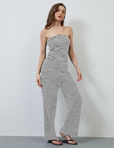 MSBESYOR Women Sailor Tube Top Set 2 Piece Outfits Striped Strapless Bandeau Low Waist Wide-Leg Pants Lounge Sets view 3