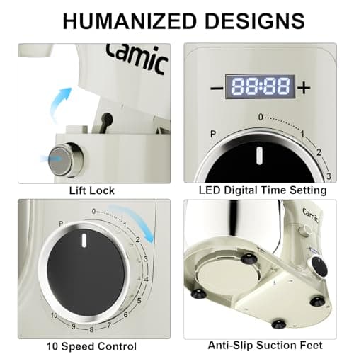 Camic Stand Mixer, 4.2QT+5.3QT Two bowls Electric Food Mixer, 10 Speeds with Digital setting 3-IN-1 Kitchen Mixer for Baking Cakes Cookie Bread Salad with Egg Whisk,Dough Hook,Flat Beater (White) view 5