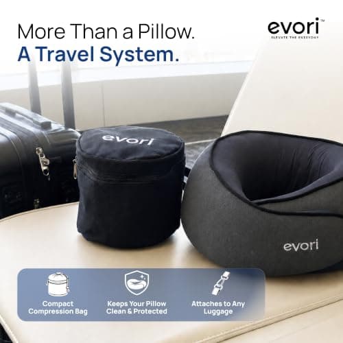 evori Memory Foam Travel Neck Pillow, 360° Support for Airplane & Car | Memory foam travel neck pillow with 360° head and chin support, adjustable closure, washable cover and travel bag. view 5