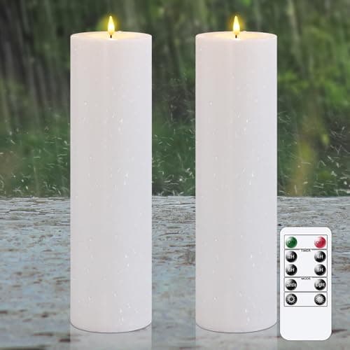 Yeelida 4" x14" Flameless Flickering Waterproof Candles with Remote, LED Battery Operated Timer Plastic White Pack of 2 Pillar Candles for Outdoor Use (Long Lasting 420+ Hrs) view 1