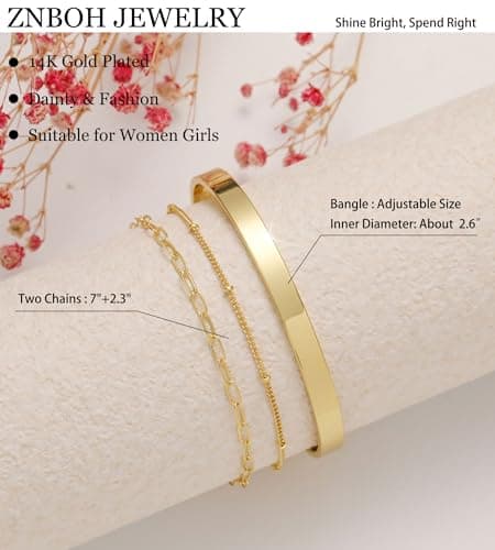 ZNBOH Gold Bracelets for Women Dainty 14K Gold Plated Bangle Cuff Stack Adjustable Stackable Bracelet Non Tarnish Trendy Set Tennis Chain Layered Waterproof Jewelry Gifts for Women view 5