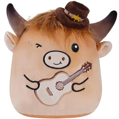 Highland Cow Stuffed Animal, 8 Inch Cute Country Cow Plush Toy with Guitar and Cowboy Hat, Soft Kawaii Plushie Pillow Gifts for Kids Boys Girls, Farm Animal Decor for Christmas Birthday Holiday