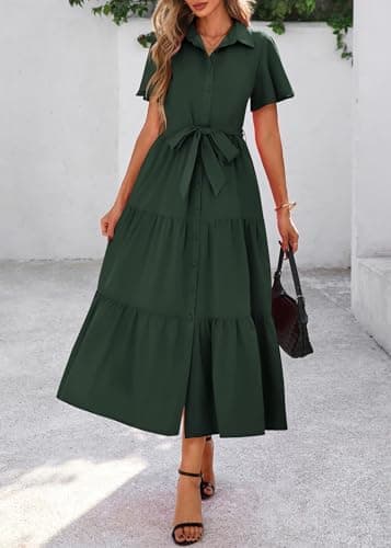 KIRUNDO Summer Button Down Wedding Guest Shirt Dresses for Women Maxi Flutter Short Sleeve Flowy Tiered Beach Sun Dress view 3