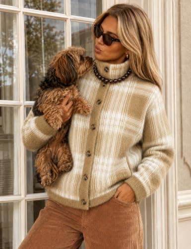 CiCiBird Womens Plaid Sweater Jacket Chunky Knit Cardigan | Funnel Neck, Front Pockets, Button Front Closure, Fuzzy Texture, Plaid Pattern, Fall Winter Layering, Casual Outfits view 3