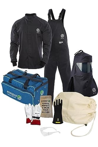 Enespro ArcGuard, CAT 4, 40 Cal Arc Flash Kit with FR Short Coat and Bib Overall, Standard Hood, Safety Glasses, and Gear Bag, X-Large, Glove Size 10, KIT4SC40XL10