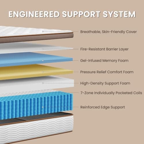 BedStory Queen Size Mattress Firm, 12 Inch Cooling Hybrid Mattress in a Box | 7-Zone Targeted Support, Spine Alignment, Breathable, Low Motion Transfer, Fiberglass-Free, CertiPUR-US Foam, 365-Night Trial view 2