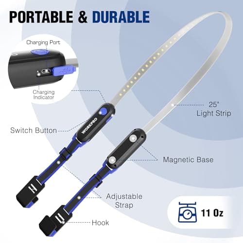 WORKPRO Rechargeable Underhood Work Light, 25" Foldable Magnetic Light Bar | Adjustable Hanging Straps, Hands-Free Repairing LED Light, Wide Area Coverage, Garage & Emergency Use view 2