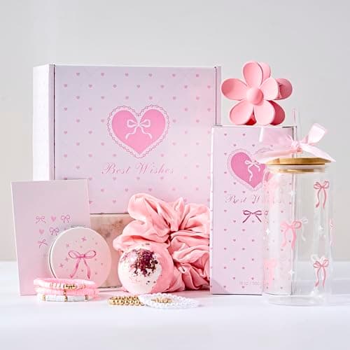 LANGASQUE Birthday Gifts for Women Teen Girls, Happy Birthday Gift Baskets for Women, Coquette Pink Bow Glass Cup Gift Box Set, Chrismas Gifts for Daughter Sister Wife Girlfriend Mom