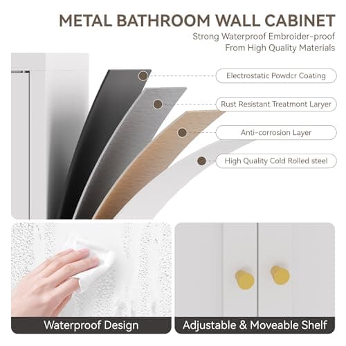 YAUWOH Metal Bathroom Storage Cabinet, Metal Storage Cabinet with 2 Adjustable Shelves & 2 Doors,Freestanding Sideboard for Small Spaces (White, Wall Cabinet-22.59" H) view 6