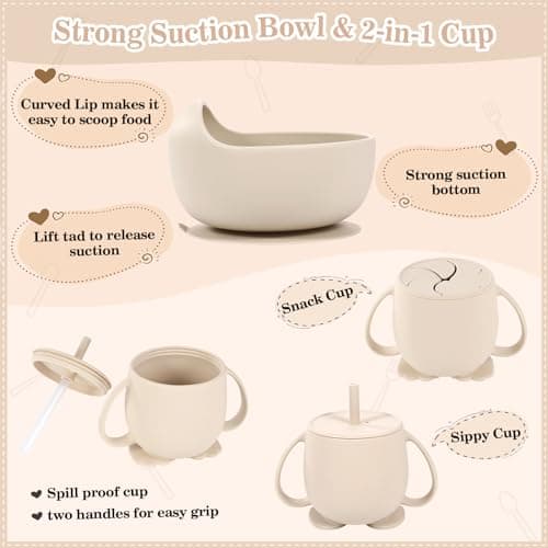 Silicone Baby Feeding Set 10 Pcs Baby Led Weaning Supplies Suction Bowl Divided Plate Baby Bibs Fruit Feeder Baby Spoons Forks Sippy Cup Toddler Utensil Sets Baby Essentials for Newborn Gift view 6