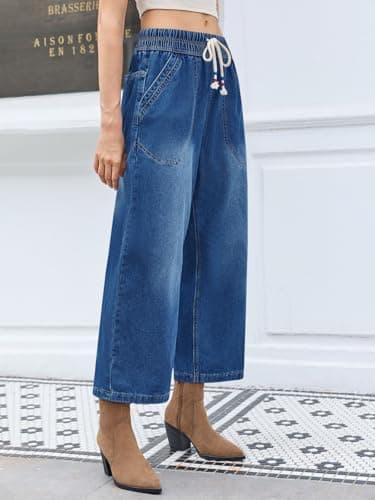 Cicy Bell Women's Wide Leg Jeans Casual Drawstring High Wasit Boyfriend Loose Baggy Capri Denim Pants with Pockets view 3