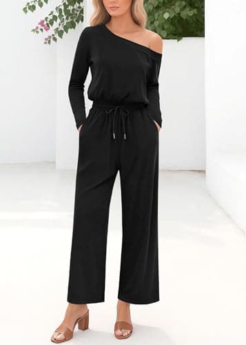 Lazysmile Jumpsuits For Women Dressy Long Sleeve Off Shoulder One Piece Wide Legs Rompers Casual Fall Outfits with Pockets view 3