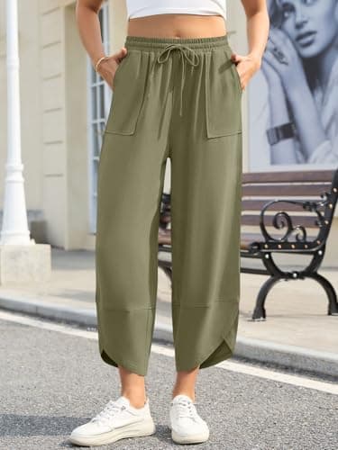 grewley Womens Barrel Harem Linen Pants Wide Leg Pants Baggy Palazzo Drawstring Elastic Waist with Pockets Beach view 2