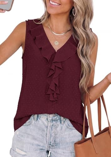 PRETTYGARDEN Tank Tops for Women 2026 Summer Fashion Sleeveless Ruffle Button Swiss Dot Dressy Casual Blouses Work Shirts view 6