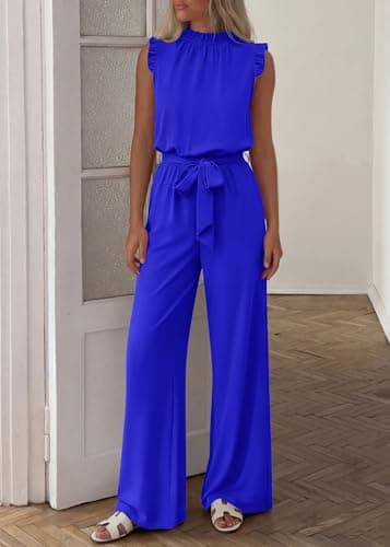 KIRUNDO Jumpsuits For Women Dressy Summer One Piece Sleeveless Ruffle Mock Neck Belt Pockets Formal Wide Leg Pants Romper view 2