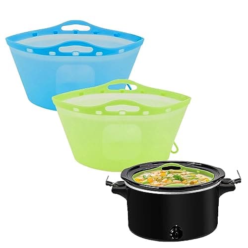 2pcs Silicone Slow Cooker Liners, Foldable Slow Cooker Liners for 6-7-8 Quarts, Reusable Crock-Pot Liners with Buttons and Hooks for Oval or Round Pot, Leakproof & Easy Clean, Green+Blue