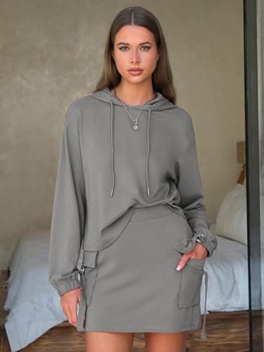EXLURA Women Two Piece Set Cotton Sweatsuit Travel Airport Outfits 2026 Tracksuit Hooded Sweatshirt Cargo Skort Skirt Pockets view 6