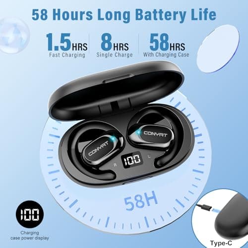 Wireless Earbuds Bluetooth 5.4 Open Ear Headphones with Earhooks, Black | 3-in-1 AI Real Time Translator with Audio/Video Call Translation. 58H Battery & Comfortable Over Ear for Learning Workout view 3