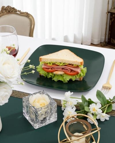 PULOTE 100PCS Green Plastic Plates - Green Square Disposable With Gold Rim - Include 50 Dinner 10inch, 50 Dessert 7.25inch Plates for Party&Christmas view 2