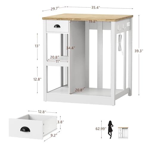LAZZO 35.4" Kitchen Island with Storage and Seating, White and Natural | Coffee Bar Cabinet with Fridge Space, Power Outlets, Rubberwood Worktop, Open Shelves & Side Hooks for Kitchen Dining Room view 2