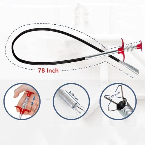 Drain Snake for Hair Clogs, 78 Inch Plumbing Auger Tool with Hook, Toilet Drain Clog Remover for Tub Pipes view 3