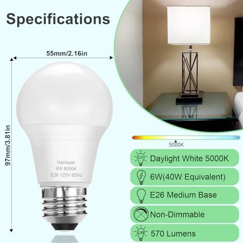 Hanbaak E26 LED Bulb, 40W Equivalent Light Bulb, 6W Medium Screw Base Bulb, Non-Dimmable, Daylight White 5000K 4 Packs view 2