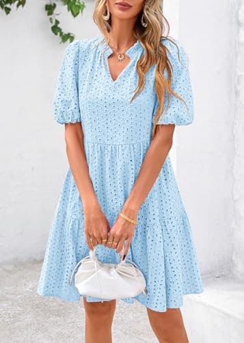 KIRUNDO Eyelet Summer Dresses for Women 2026 Mini Casual Hollow Out Short Sleeve Lace Tiered V Neck Shift Dress Pockets view 3