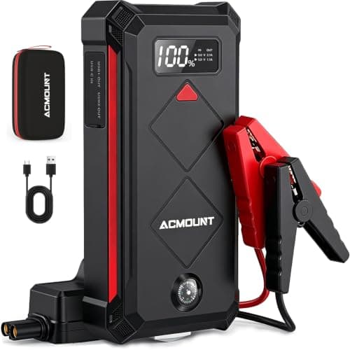 ACMOUNT P100 5000A Car Battery Jump Starter for 10.0L Gas/8.0L Diesel | 12V Portable Jump Box with Jumper Cables, Power Bank, 600LM LED Flashlight, Safety Hammer & Compass — image 1
