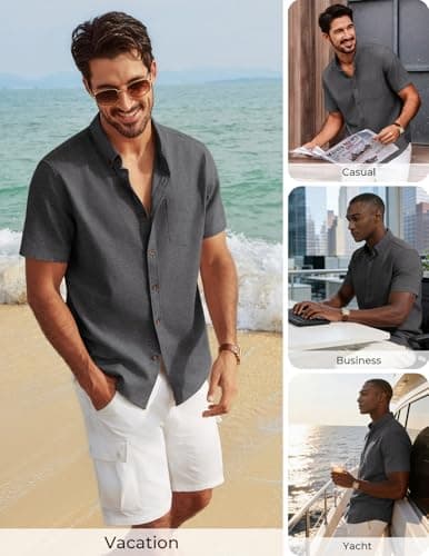 PJ PAUL JONES Mens Linen Shirt Short Sleeve Button Down Business Casual Dress Shirts Cotton Summer Beach Shirts with Pocket view 4