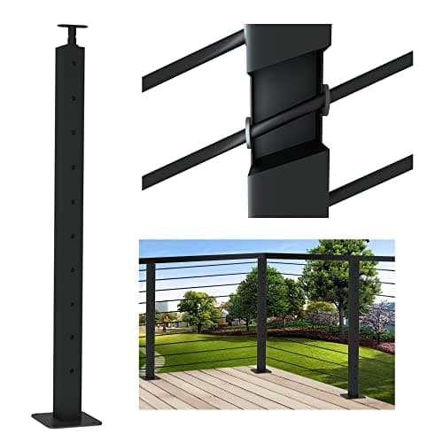 LANGLIER 2 PCS Cable Railing Post 36"x2"x2"（Square column 33"） Stainless Steel Black Finish, For stairs and deck handrails，can be installed on wood or concrete floor. (Stair Inclined Hole Post, Black) — image 1