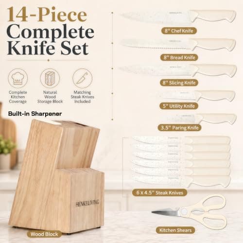 14-Piece Cream Kitchen Knife Block Set with Built-in Sharpener view 2