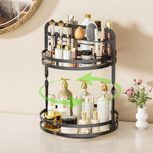 360° Rotating Makeup Organizer, 2-Tier Black Perfume Organizer for Dresser, Bathroom Organizers Countertop, Perfume Shelf with Makeup Brush Holder, Skincare Holder Cosmetic Display(Black) — image 1