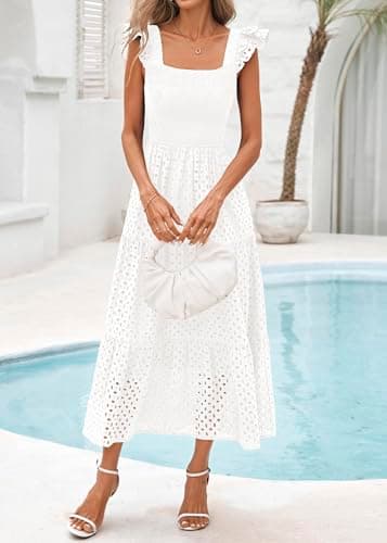 Lazysmile Womens Summer Maxi Dress Square Neck Ruffle Cap Sleeve Hollow Out Eyelet Smocked Tiered A Line Boho Sundress view 5