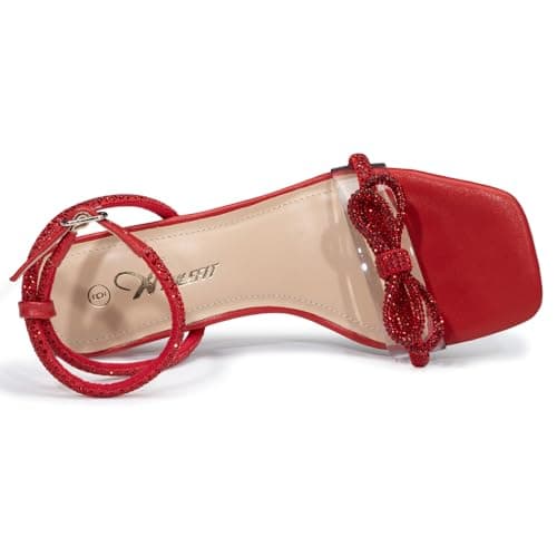 Athlefit Women's Rhinestone Bow Heels Clear Open Square Toe Block Heels Buckle Heeled Sandals for Party Wedding view 4