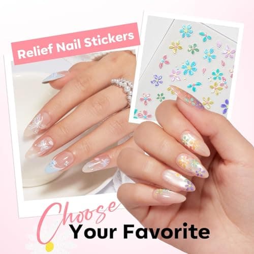 modelones Flower Nail Stickers, 3D Embossed Colorful Floral Daisy Heart Bunny Nails Supplies Flower Nail Art Design for Spring Easter Manicure DIY Nail for Women & Kids 5Pcs view 5