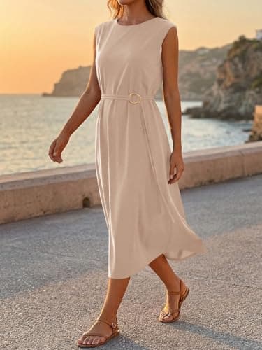 Wenrine Womens Sleeveless Midi Dress Summer Work Office Back Slit Elegant Flowy Tank Casual Vacation Dresses view 5