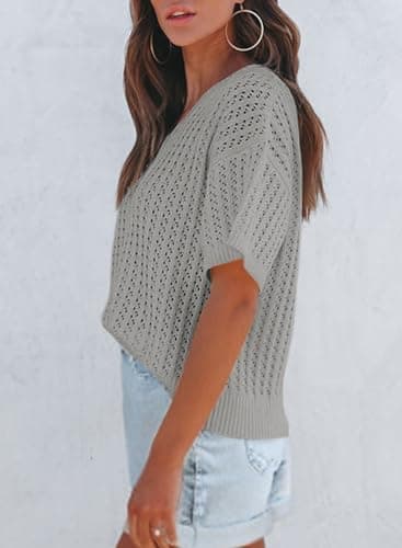 Dokotoo Womens Casual Summer Tops V Neck Short Sleeve Shirts Solid Hollow Out Lightweight Loose Fit Sweater Blouses view 5