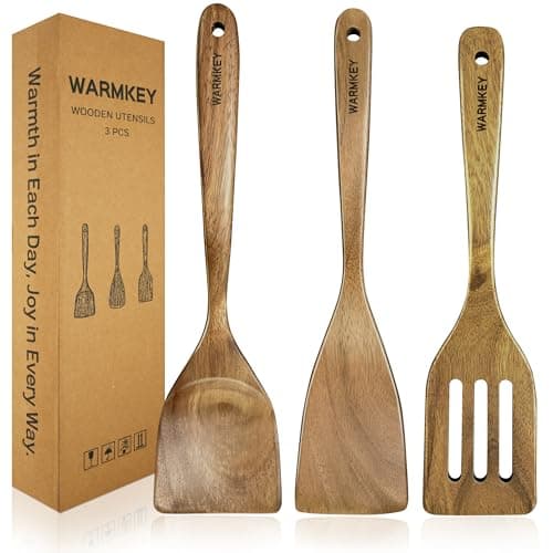 WARMKEY Natural Acacia Wood Spatula Set of 3, Nonstick Pan Safe Multipurpose Wooden Cooking Spatulas, Eco-Friendly Scratch-Proof Heat Resistant with Hanging Holes — image 1