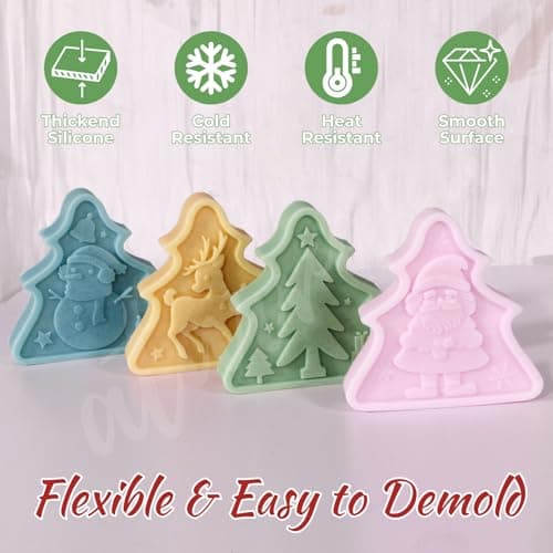 6pcs Christmas Tree Shaped Silicone Mold Set, Atarvana Relief Style Christmas Molds with 10pcs Candle Wick for Soap Candle Making -Christmas Trees, Santa Claus, Reindeer, Snowman view 4