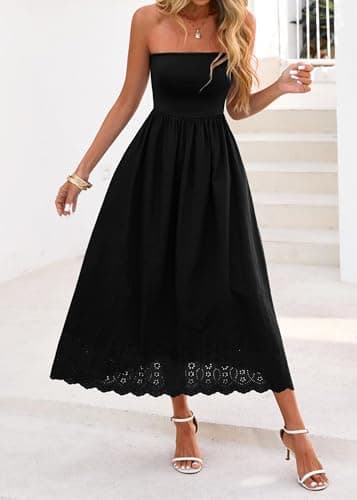 Lazysmile Summer Boho Maxi Dress for Women Strapless Tube Top Lace Trim A Line Beach Casual Long Dress view 5