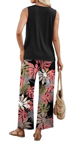 WIHOLL Two Piece Sets for Women Summer Spring Outfits Tank Square Neck Sleeveless Travel Vacation Lounge Wide Leg Pants Set view 5