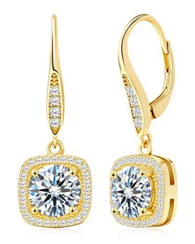 wowshow Moissanite Earrings for Women Mothers Day Gifts, 1ct 2ct TW VVS1 D Color Brilliant Round Cut Dangle Earrings, 18K Gold Plated Leverback Drop Earrings Sparkly Diamond Alternative Gift for Her — image 1